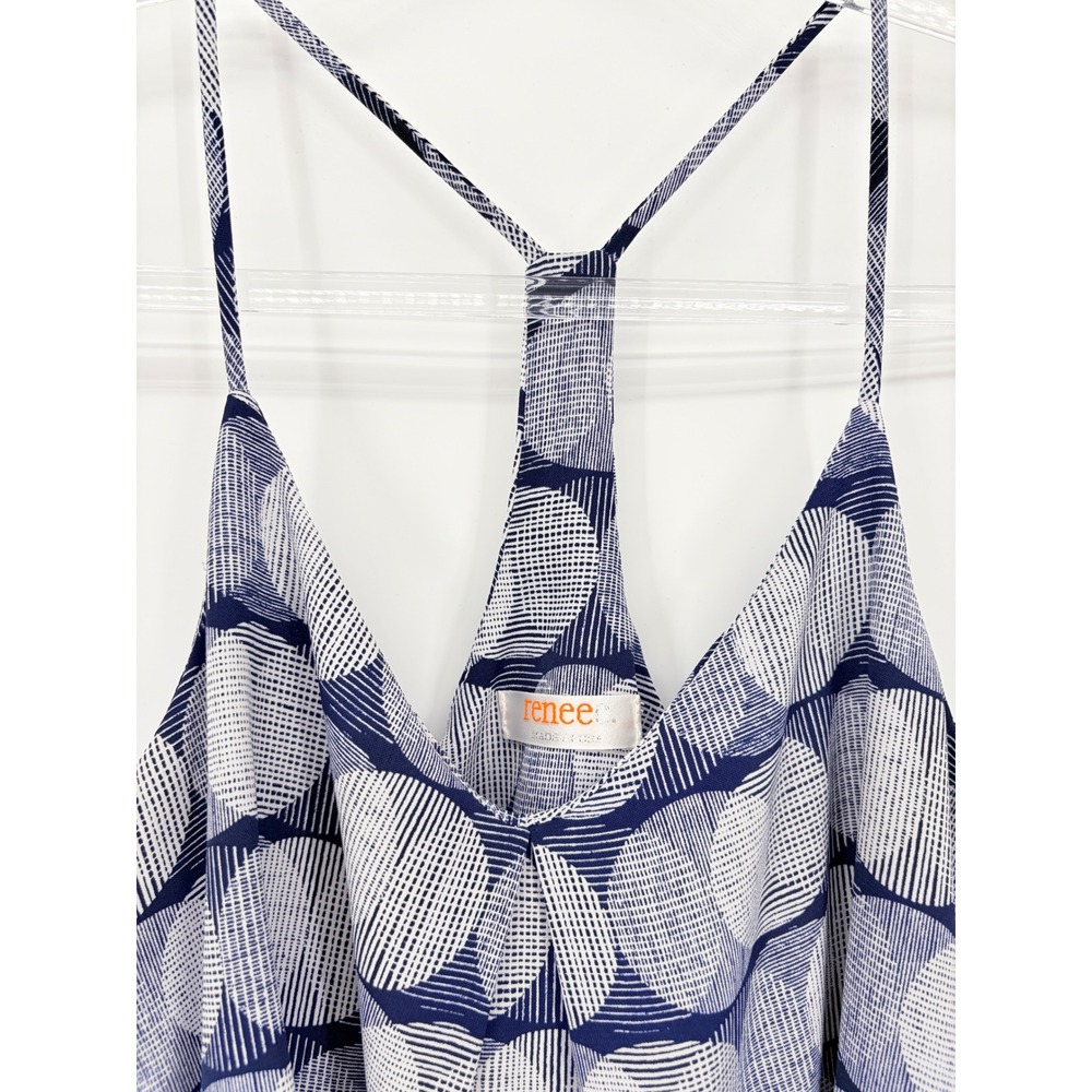 Renee C Tank Blouse Women's Medium Navy White Geometric Print Racerback